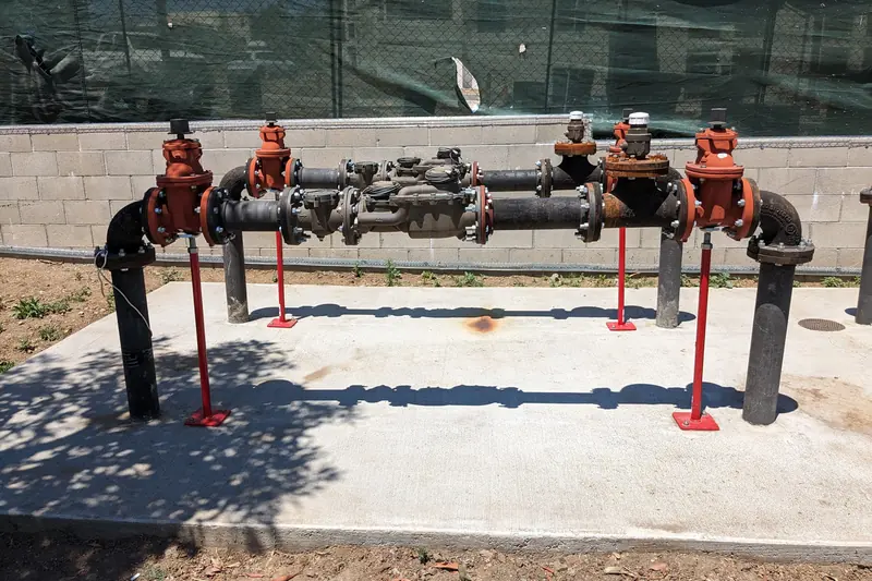Large grey backflow prevention assemblies with test cocks on a concrete pad beside new landscaping