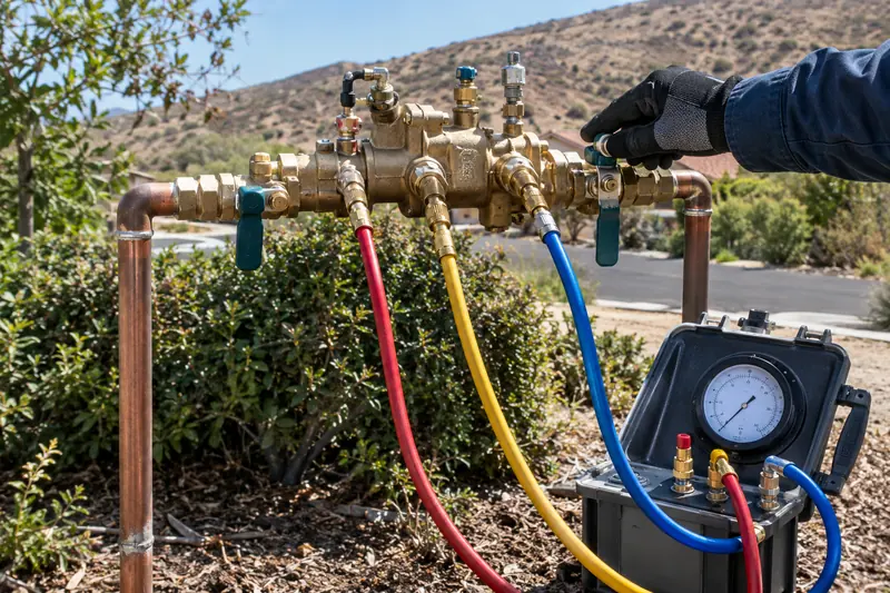 Backflow tester's hoses and gauge kit clipped to the test cocks of an outdoor assembly during the annual check