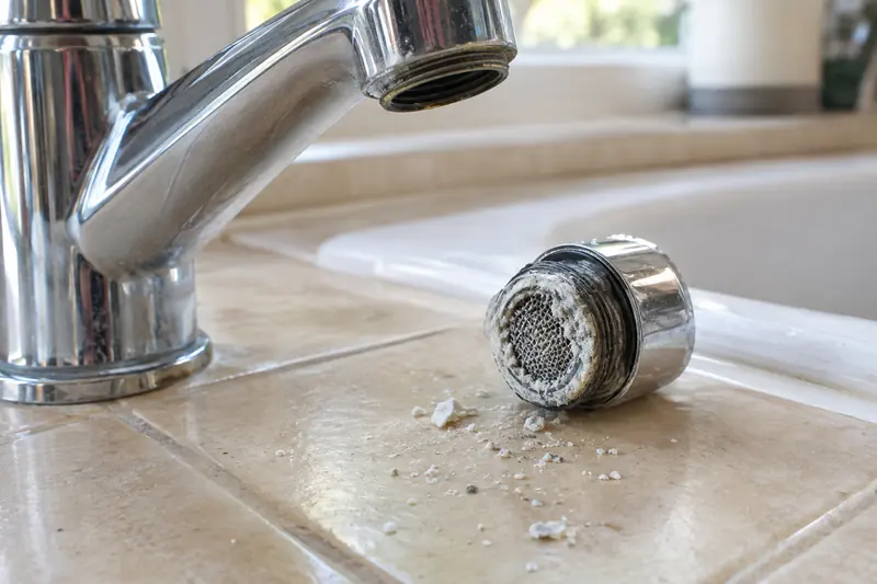 Kitchen faucet aerator unscrewed on a tile counter, its small screen crusted with white mineral scale