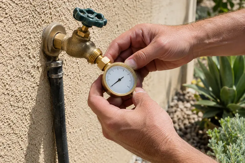 Two hands screwing a round water pressure gauge onto the threads of an outdoor faucet