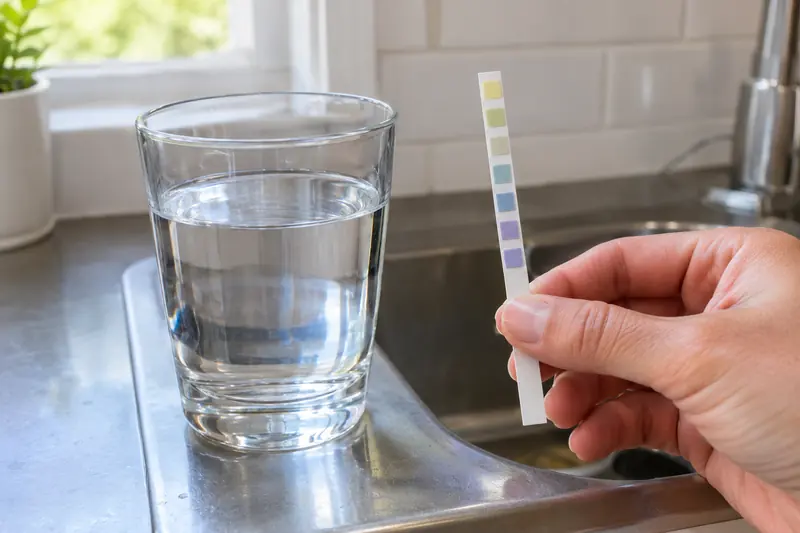 Hand holding a hardness test strip beside a glass of tap water at a kitchen sink
