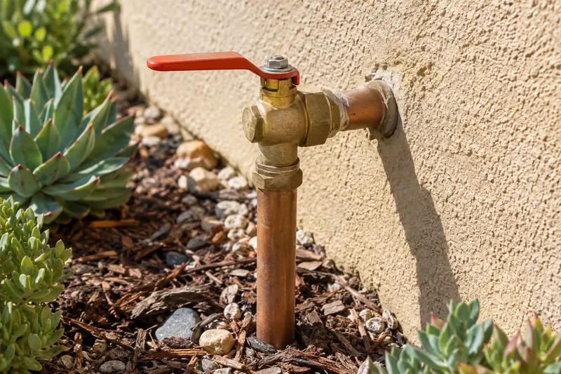 Lever-handle ball valve on the main supply pipe where it rises from the ground and enters a stucco wall