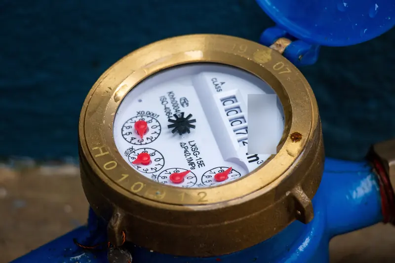 Close view of a water meter's dials and number register
