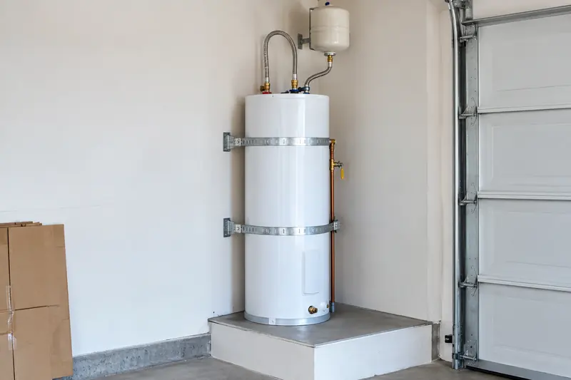 Newly installed tank water heater in a garage with flexible supply connectors on top and seismic straps across the tank