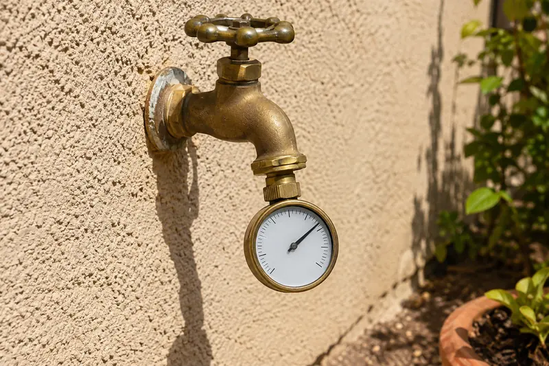 Brass pressure gauge threaded onto an outdoor faucet on a stucco wall, its needle well up the dial