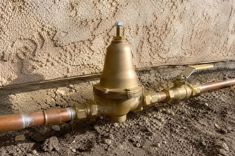 Bell-shaped brass pressure reducing valve fitted on the copper supply pipe of a house