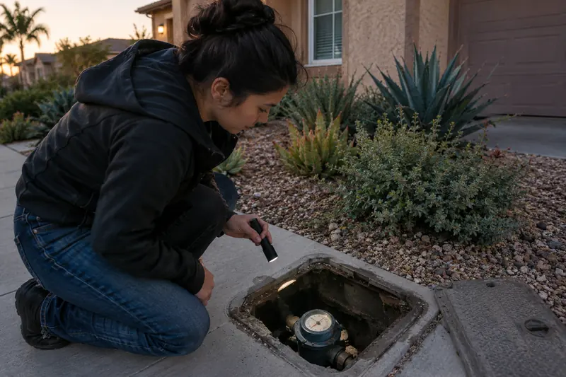 Homeowner kneeling beside an open meter box, shining a flashlight on the meter face to take a reading