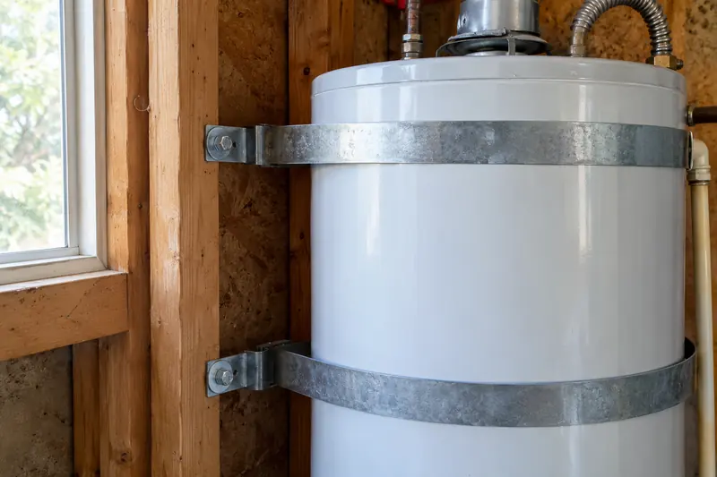 Metal seismic straps around a water heater, the strap ends bolted into a wall stud