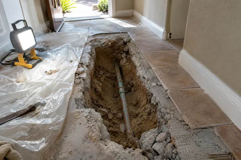 Section of concrete floor cut open inside a house, exposing a copper water line in the gravel beneath