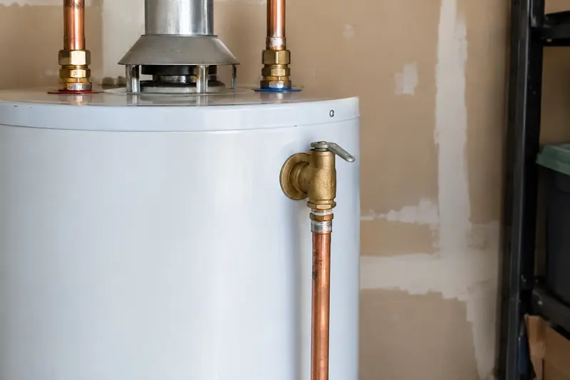 Brass temperature and pressure relief valve near the top of a water heater, its copper discharge pipe running down the side of the tank
