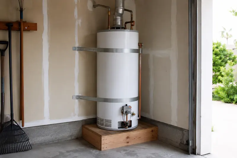 Gas tank water heater on a raised platform in a garage corner, metal straps circling the upper and lower part of the tank