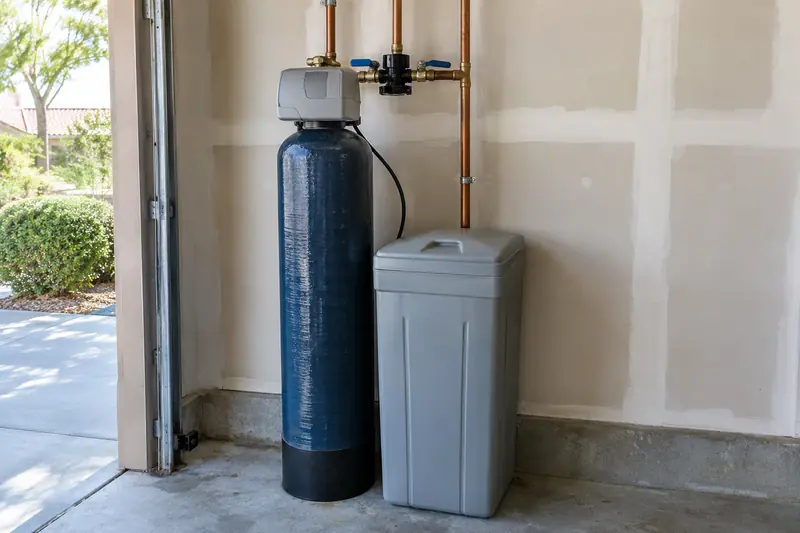 Softener resin tank and brine tank against a garage wall, with a bypass valve on the copper supply pipe