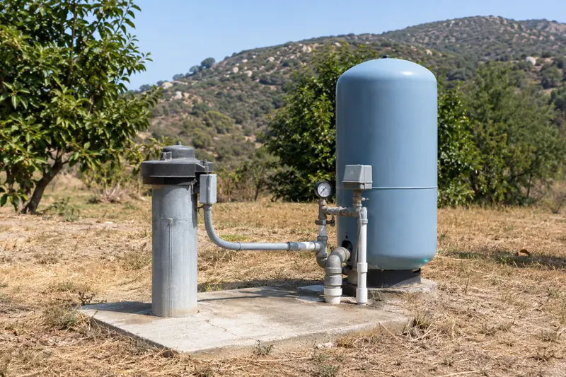 Private well head and blue pressure tank on a concrete pad on a rural lot, chaparral hills behind
