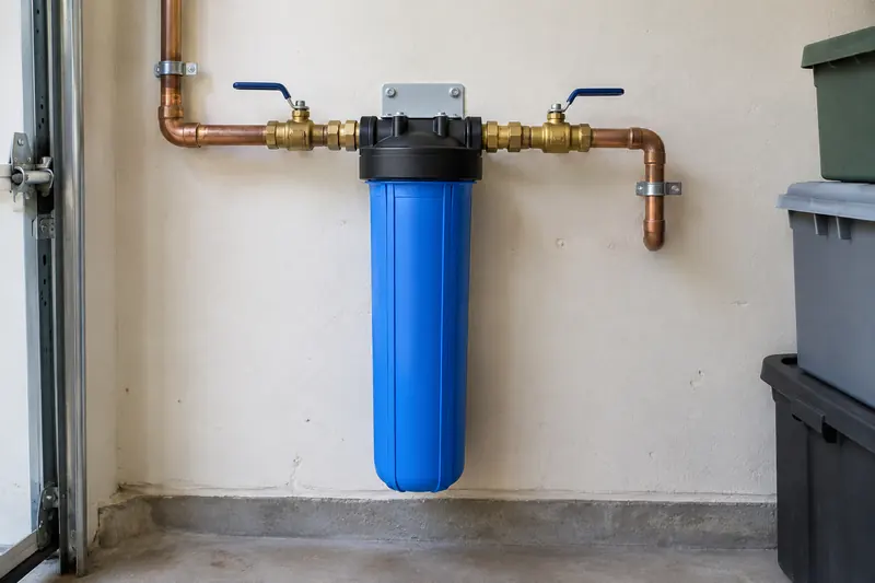 Whole-house carbon filter housing mounted on a garage wall, plumbed into the main water line